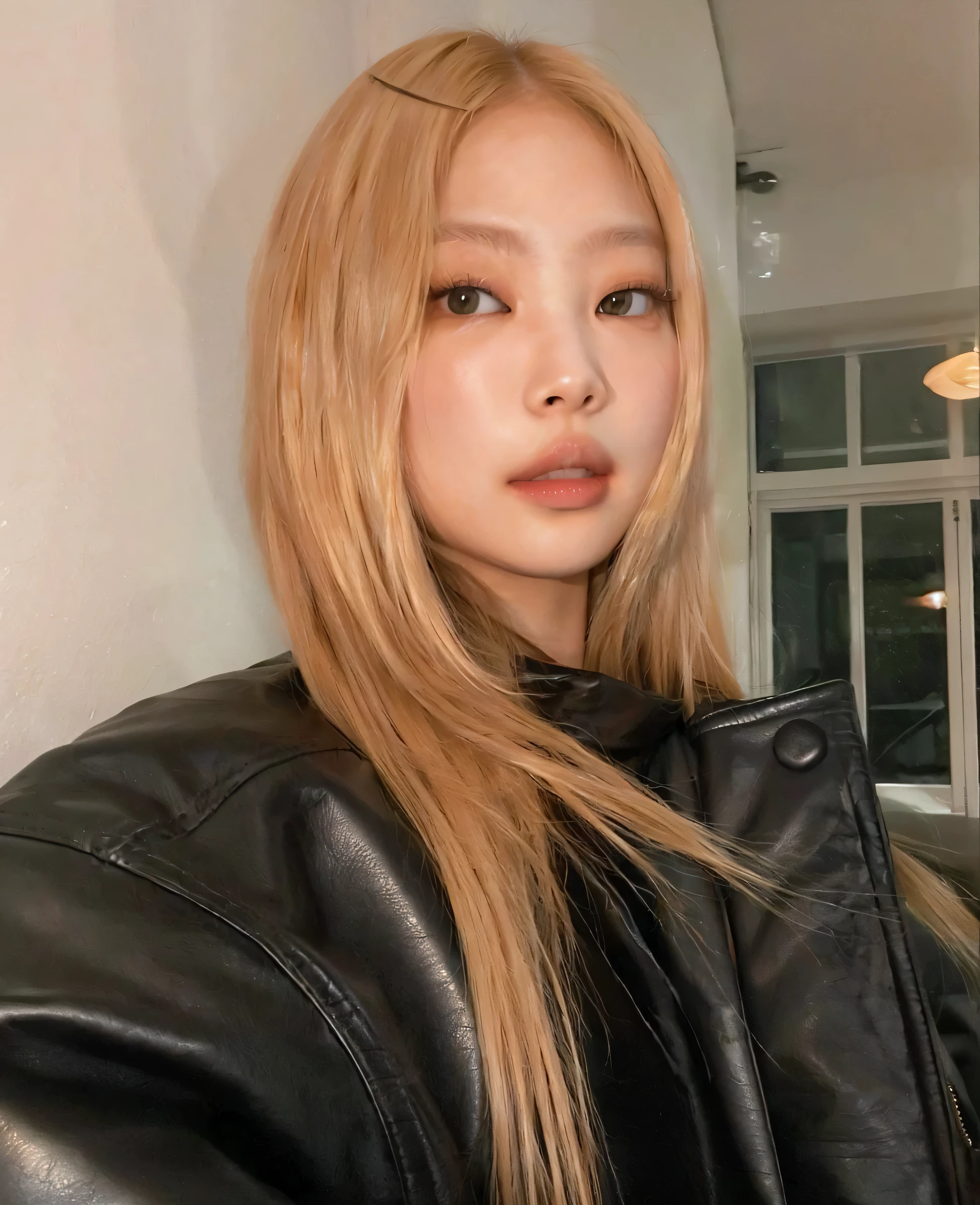 blonde woman with long hair wearing a black leather jacket, portrait of jennie do blackpink, Jennie kim, the hime cut, jennie Blackpink, ulzzang, KOREAN, tusk,