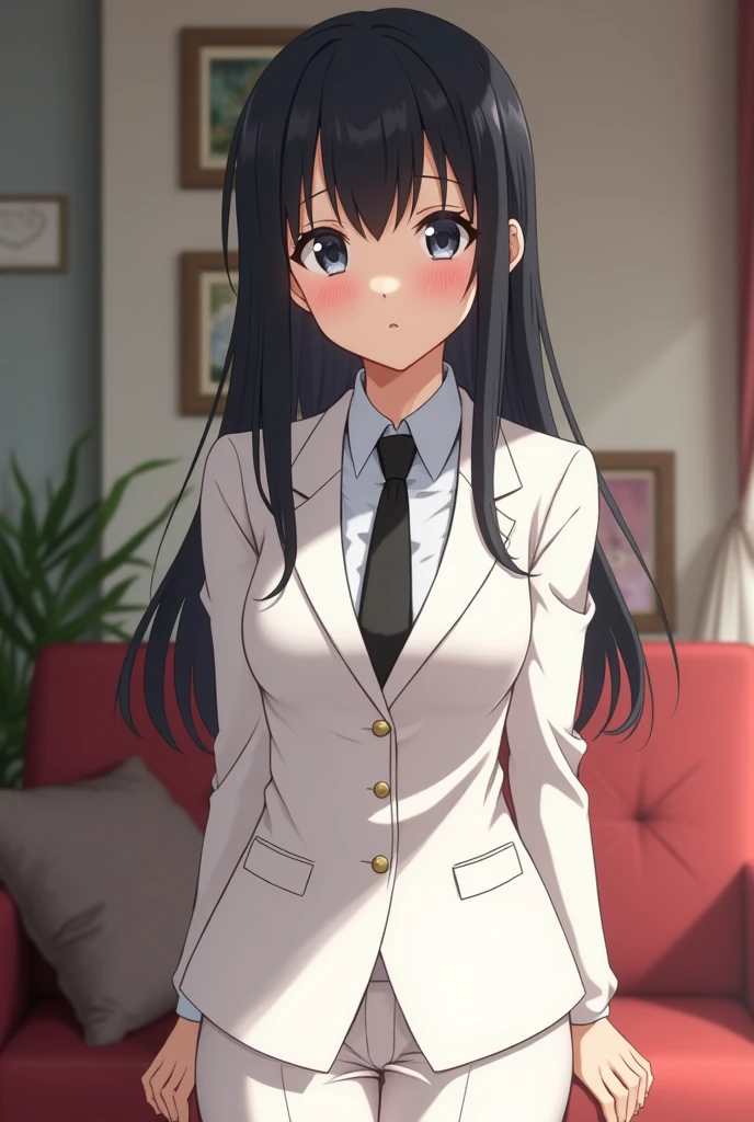 A young anime girl of somewhat serious age with black hair, eyes black, skin fair, white suit and white blouse with a black tie and the background is her house.