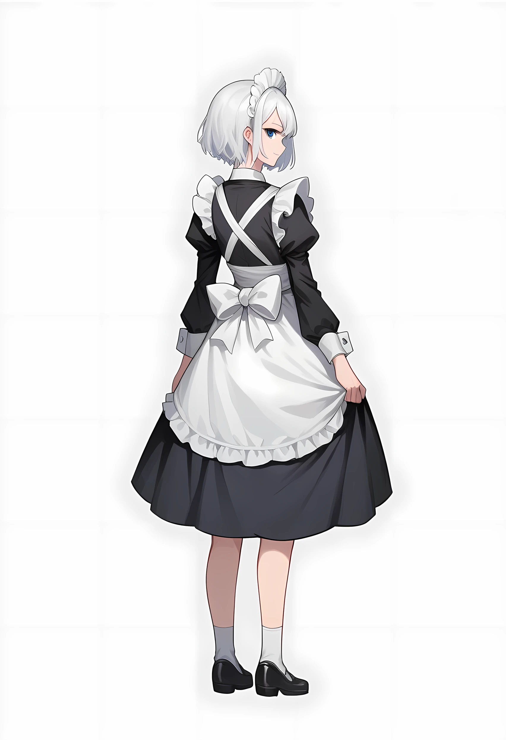 anime girl wearing a black cool assasin-like maid dress, girl with short white hair, smooth anime cg art, white background, plain-white background, full body, 8k, masterpiece, blue eyes, Pose: smiling, Back, looking at viewer—right, standing still. Light Angle: Right, Accurate shadow.