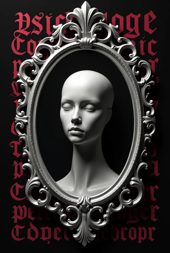 make a black t-shirt print with a window-shaped mirror in rococo style, silver color, with the interior reflecting only the head and neck of a mannequin so as to almost fill the entire mirror. Behind this mirror the writing "psychology" filling the entire background with letters in the Renaissance style in wine color.