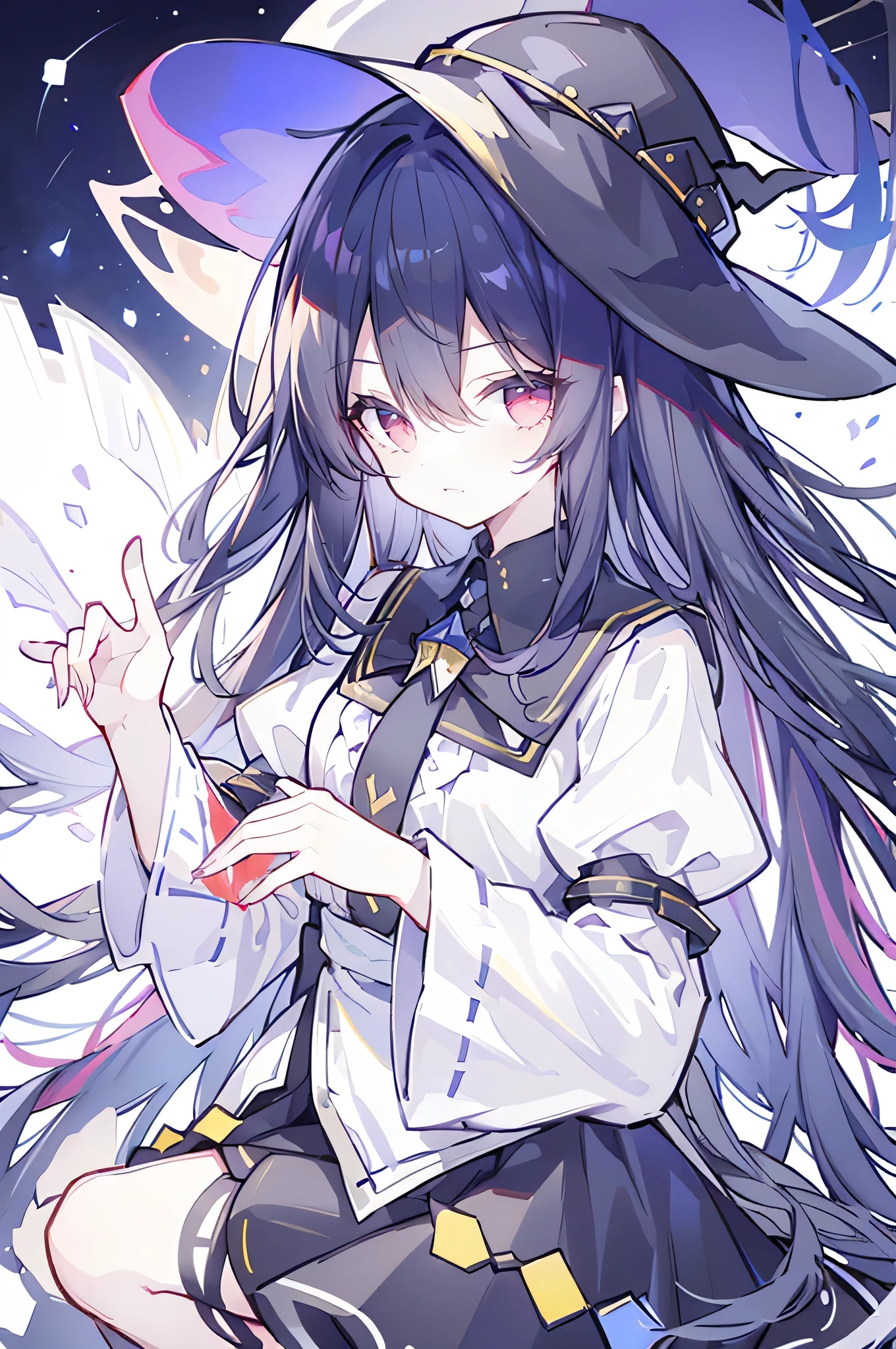 oung Girls,Humanity,A magician always smiles,big witch hat,cute,dark blue long hair,The eyes are dull,The bangs are heavy,Thin eyebrows,fantasy,intake,Double teeth,Star Theme,Constellation pattern,Solid color clothetal decoration,cloak,A bit of a dark atmosphere,A little crazy smile,When the big moon shines outside at night,blood,Hair black star embellishment,Short tie,No nails,High waist skirt,Bell sleeves,Long-sleeved shirt,Black tie,low risk,gentlemen。Mist、Yellow and white effect，Shocking pink as an accent color