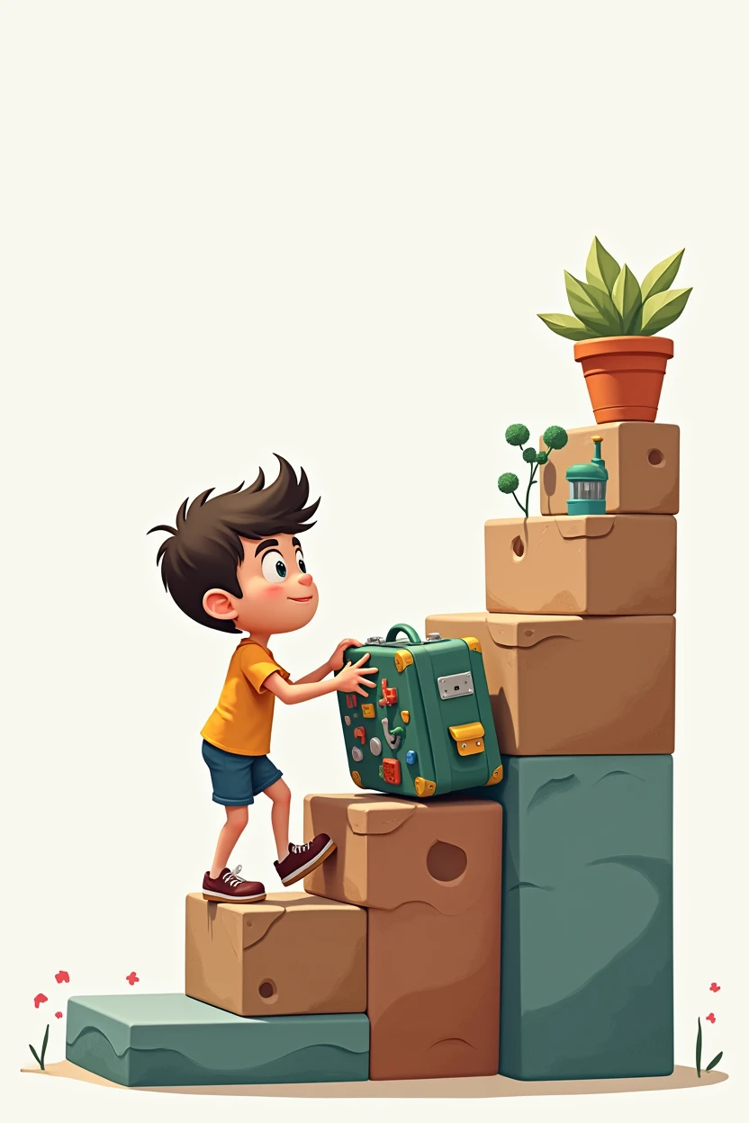Turn the girl into a boy and have him step on the next step with one of his feet, put a suitcase on his back that contains toys, tools, and kids stuff, put shoes on the child 