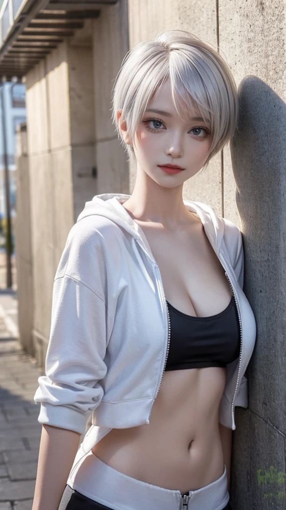 masterpiece, highest quality, Super detailed, 8k, Photorealistic, One girl, alone, Tomboy, Super detailed face, (head shot:1.5), Standing against a wall covered in hip-hop graffiti, White hair color with pixie cut, He is wearing a short tank top and an unzipped hoodie.,The chest is visible,Nice butt,Wearing a New Era cap、(Big Breasts:1.5,Big cleavage)