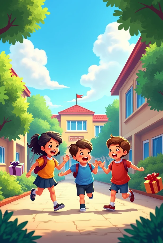 A school with children playing and receiving gifts from their teachers