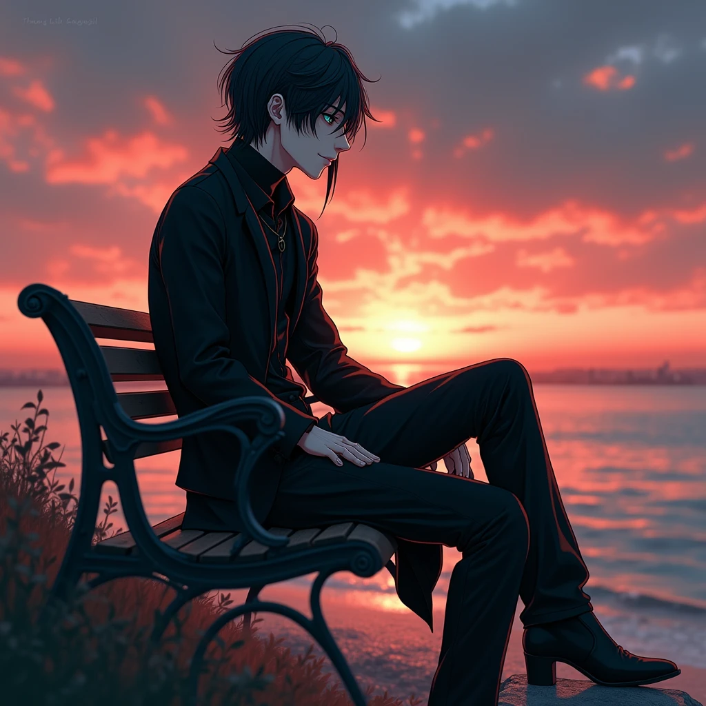 A sexy young male with teal blue eyes and long straight black hair, with pretty and delicate facial features, he is wearing gothic black clothes. His skin is pale and white. He has thick and shiny legs. Sitting on a bench and watching the sunset. (Male) (Make it realistic) ((no facial hair)) ((no body hair))) ((masterpiece)) ((detailed) (((NO facial hair or body hair)) ((sexy)) (((show his full body)) (((he looks attractive)) (smirking) (he has gothic makeup on his face) ((show his whole body)) (MALE)) ((BOY)) ((NON-FEMALE)) (((((No facial or body hair)))))