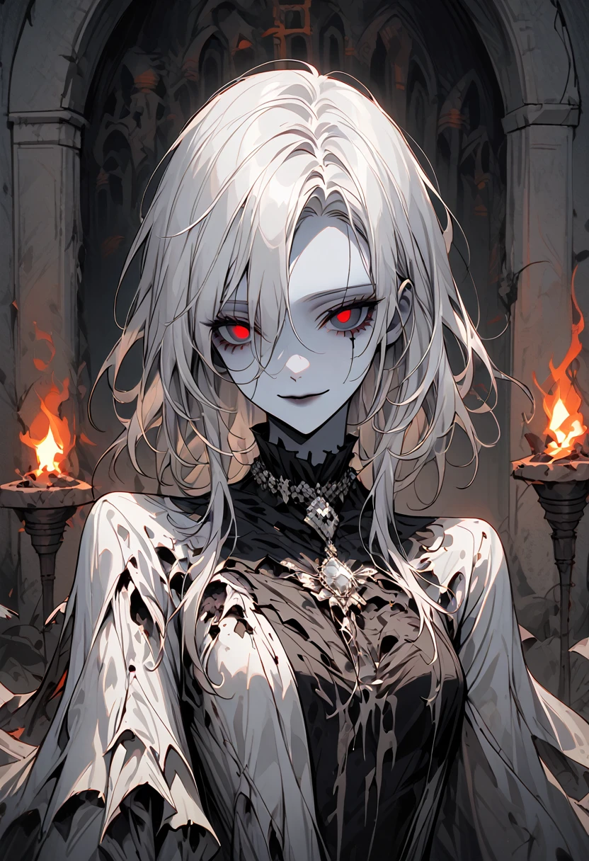 solo, female, grey skin, long white hair, silver brooch, dry body:1.2, empty eye-sockets, decaying body, gentle smile, face, pinup pose, elegant rotten gown, dressed in royal rags, graceful, close up, crypt, dark, worn clothes, thin hair, torch, ghoul girl