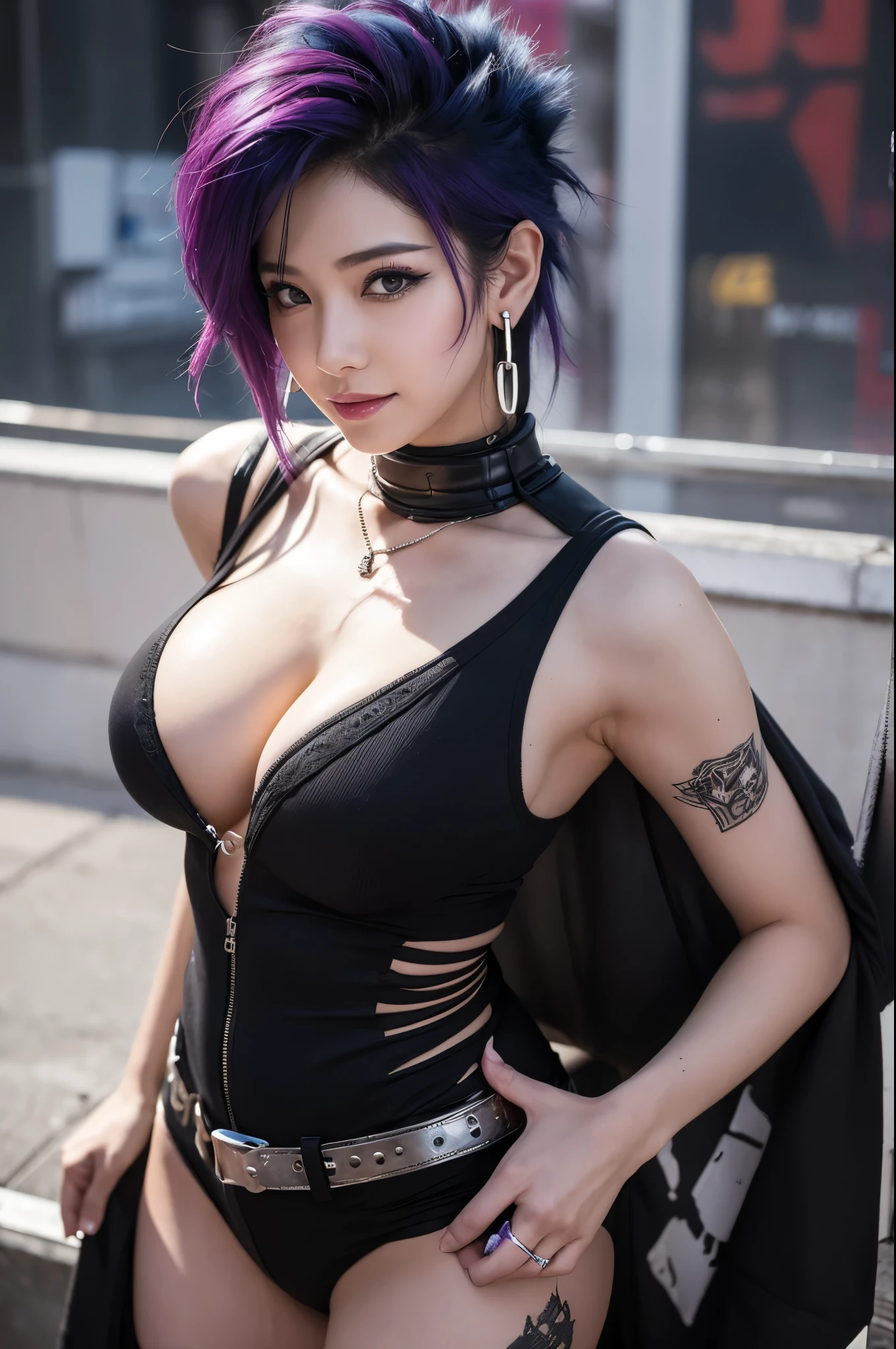 (8k,Masseter muscle area:1.2、Highest quality)、(Live Action、Intricate details)、(One person、solo、Upper body、Huge boobs) Cyberpunk Costumes、charm的 Avant-garde、Experimental Appearance: blue mohawk hair、Realistic Skin Dramatic makeup、: charm的,Sexy Costumes,Shorts,Counter、provocative Location: Urban Arts District、Laughter Hobbies of the underground music scene: Attend a punk show、Create mixed media art、Experiment with the values of different subcultures: personality、credibility、Inspiration for creative expression: Punk Rock Music、A symbol of counter culture、avant-garde art movements Personality traits: Boldness、Boldness、Unconventional。Beautiful expression charm (Realistic Skin) Ultra-high resolution Surreal Advanced Details Purple Earrings Split Avemar Paladin woman,Surrealな肌,A look of pleasure,Top View,Rich colors, Backlight, Cinema Lighting, Film Grain, 50mm lens, Nikon D850,Ultra-high resolution,Ultra-realistic,Compensate,Super sexy,Show large cleavage,Dynamic sexy pose,Big smile,Put your chest close,slouch,