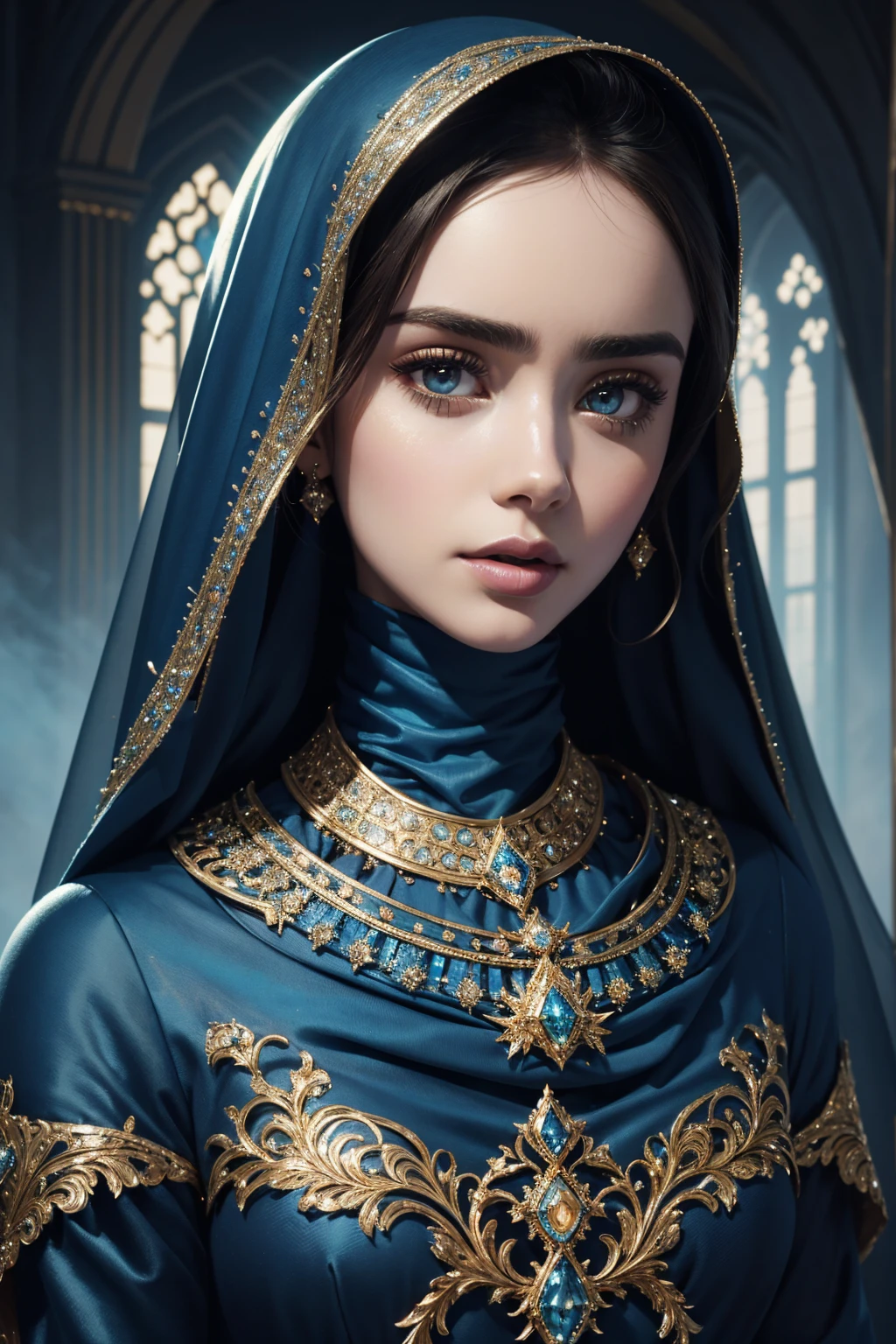 portrait Lily Collins, wearing hijab made of blue with jewelry and diamonds costume, against the background of Burj Khalifa, character portrait, 4 3 9 0 s, wavy hair, intricate, elegant, highly detailed, digital painting, artstation, concept art, smooth, sharp focus, illustration, art by wlop, charlie bowater and alexandra fomina, 36k, glittering, shining, correct anatomy