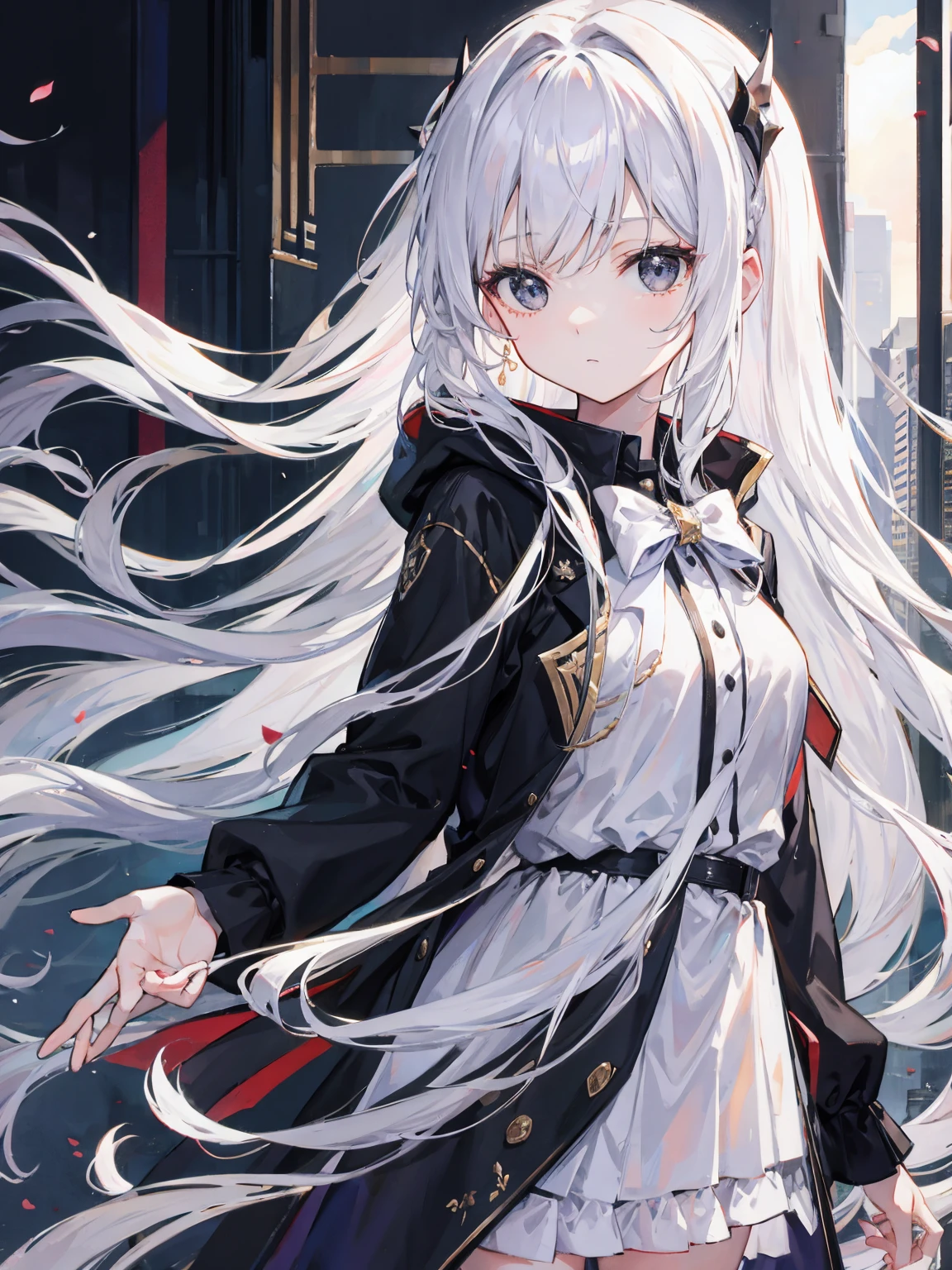 close-up, masterpiece, best quality, high details, (((a girl))), ((white long hair:1.2)), (black eyes:1.3), closed mouth, expressionless, Anime girl wearing Black jacket, white dress, Standing on the balcony