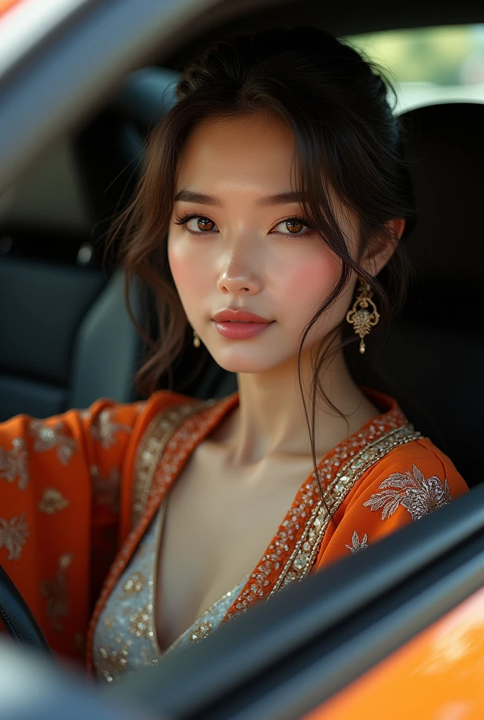 Create an image of a 25-year-old woman who looks like Ayeza Khan, with fair skin, hazel eyes, and noticeable dimples. She is dressed in an Eastern outfit  She is sitting inside a Lamborghini, and the full luxury car is prominently displayed in the scene, showcasing its sleek design and interior features."