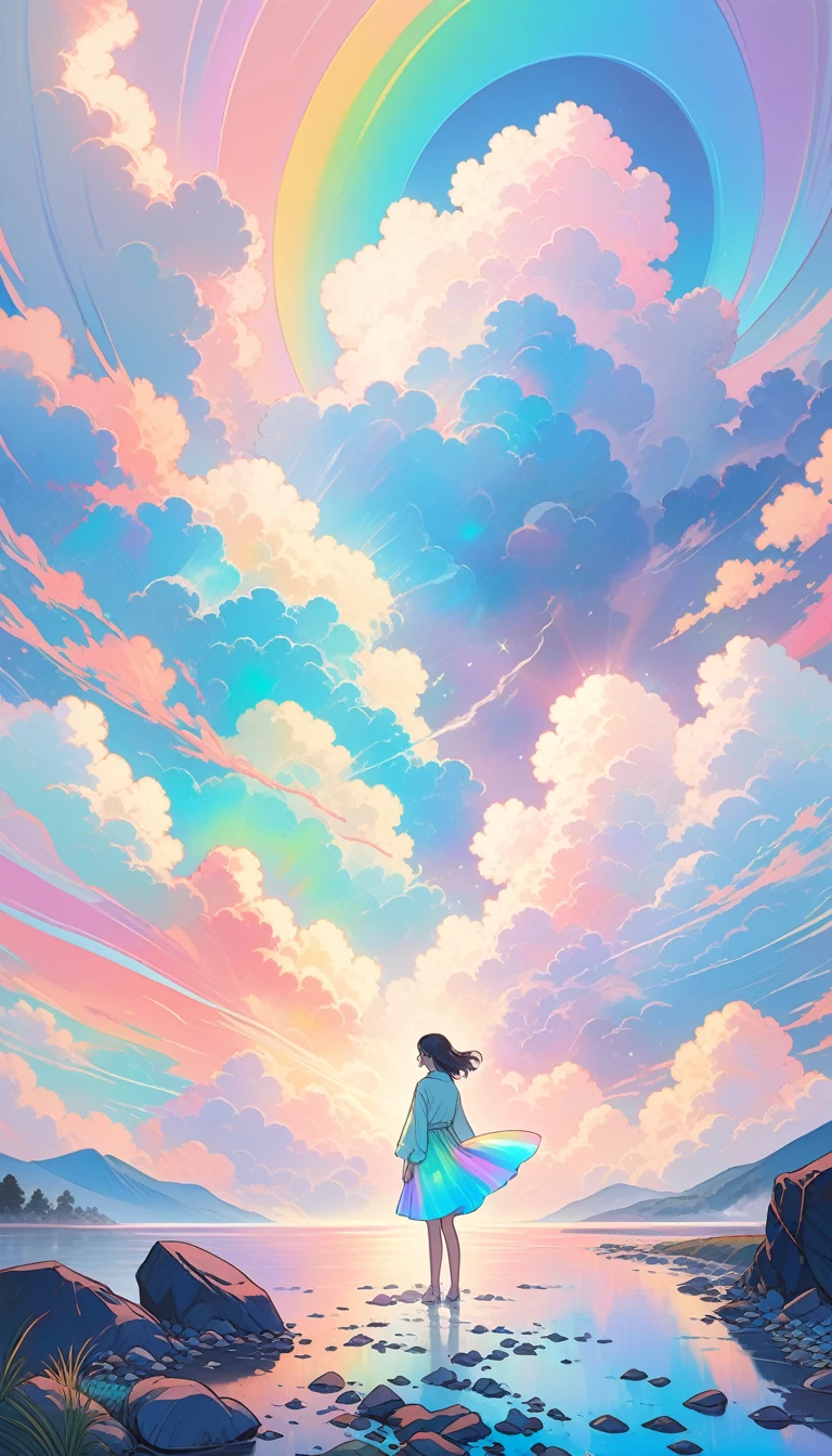 Soft pastel colors, Cartoon-style illustration of a woman looking at the world while experiencing hallucinations, Stones were thrown at, Splash Art, Splash Pastel Colors, (soft iridescent glowy smoke) Motion Effect, Highest quality, Wallpaper Art, Ultra-high resolution, Centered Images, M Schiffer Art, ((Flat Color)), (Cel-shaded style) Very vivid neon colors, ((Low saturation)) Incline, iridescent,Distant View