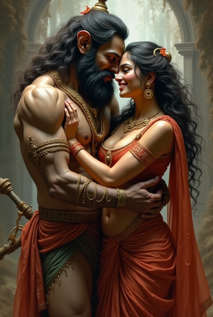 Highly detailed image, lord chubby hanuman monkey god, kissing front facing goddess sita,ten arms, weapons and modak in each hand, in trance, from behind, squeezing ass, big ass,his hard dick is coming out between her legs touching her covered vagina front facing goddess sexual bending forward parvati with her smile, tight saree, cleavage