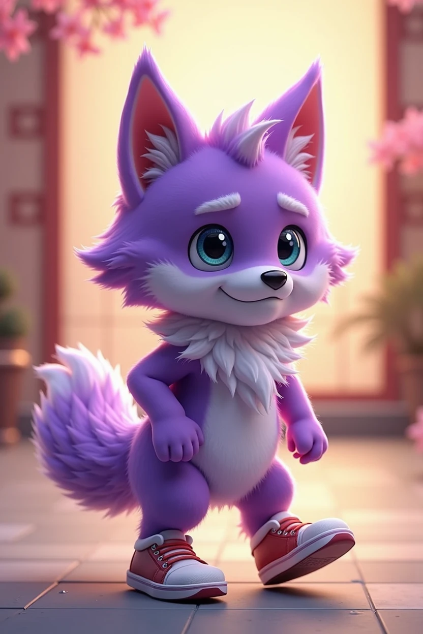 a purple wolf,Realistic and cute,Standing wolf,sideways,Wearing shoes,walking carefully,The expression is nervous,Move carefully,Icy background,Floor ice surface,The expression is nervous