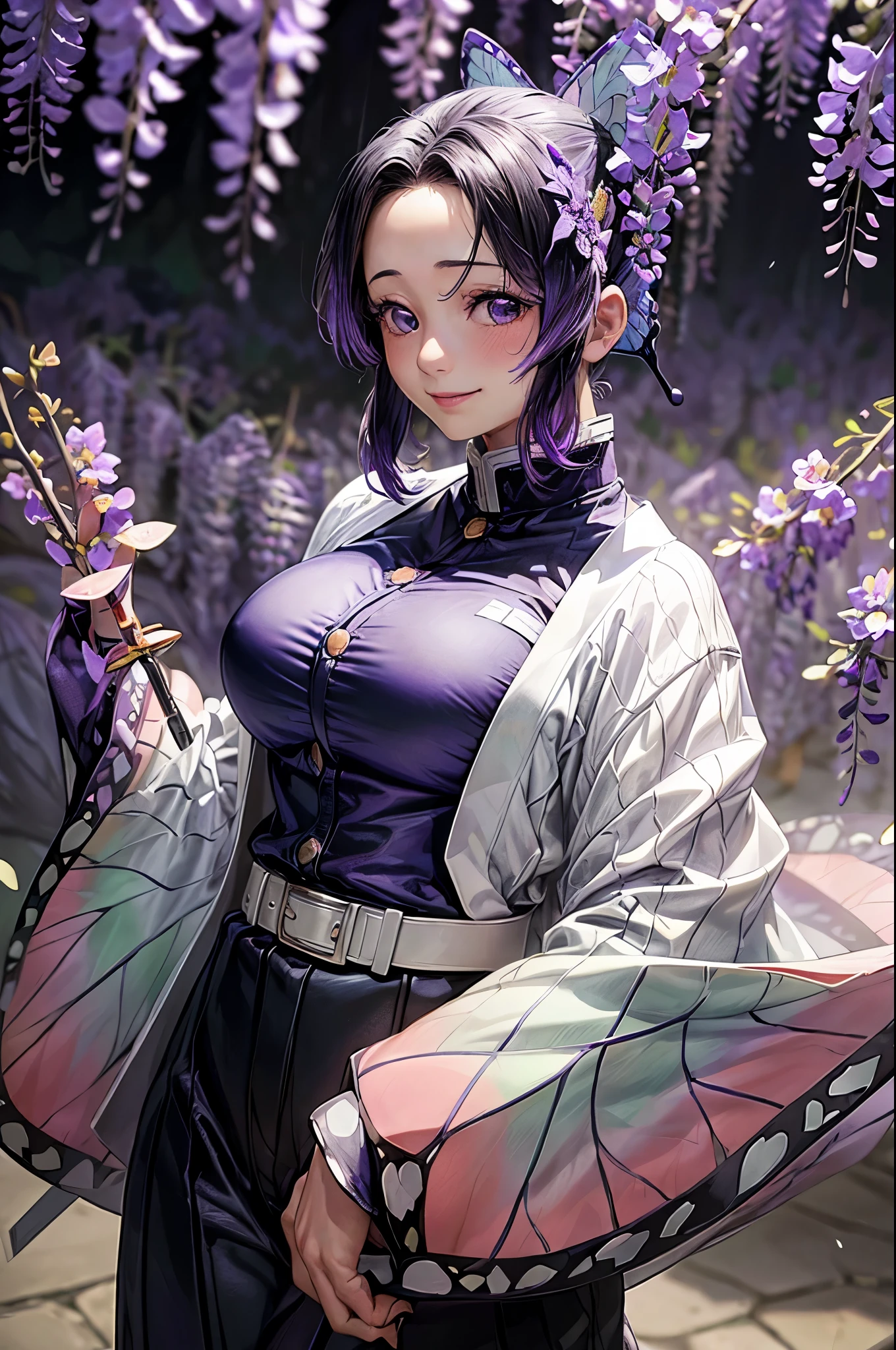 Shinobu Kochou,(masterpiece, Highest quality:1.3), (Super detailed:1.4),(Super detailed顔:1.2),(Super detailed目:1.2), (hyperRealistic:1.3), (RAW Photos:1.2), High-definition RAW color photos, Professional photos, (PhotoRealistic:1.4), (Realistic:1.4),8k,Professional Lighting, Perfect Anatomy, BREAK,(Big Breasts:1.4),(blush:1.2),(Bright smile:1.2),detail, Sharp focus, dramatic,dutch angle,Wisteria field,Japanese garden,Butterfly Hair Ornament, Purple eyes, Multicolored Hair, short hair, Parted bangs, amount, Haori, Wide sleeves, Long sleeve, Black trousers, Black jacket, White belt,(sexy pose:1.3)