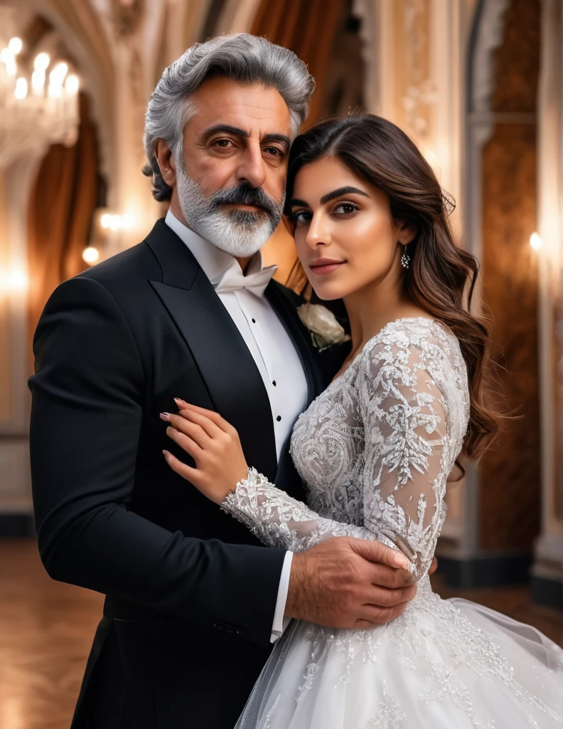 (fullbody photo:2.0) of father and daughter embracing in a ballroom: (a 25-year-old iranian woman, brown skin, triangular shaped face, brown eyes, long wavy hair, dark brown hair, busty, wearing a white winter wedding dress, long sleeves), embracing (a 65-year-old iranian man, brown skin,square shaped face, short full beard, brown eyes, short hair, grey hair, burly body, wearing a dark grey elegant suit), in a ballroom of an enchanted castle, winter, (8k, photorealistic, RAW photo, best quality:1.4),