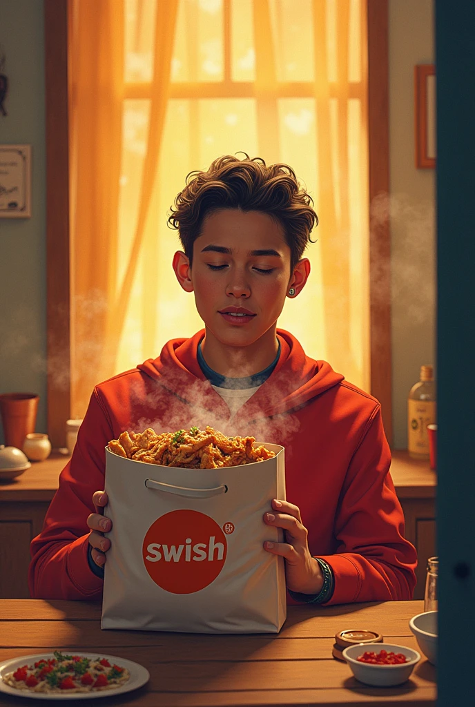 A hungry person sitting at a table, eyes closed, mouth watering, and saying "I'm hungry." In the background, a Swish delivery person is sprinting towards the person with a steaming food delivery bag. The person opens their eyes just as the delivery person arrives, revealing the food inside the bag.
Additional details:
Use vibrant, dynamic colors.
Create a sense of urgency and excitement.
The food delivery bag should have the Swish logo prominently displayed.
The person's expression should transition from hunger to surprise and delight.