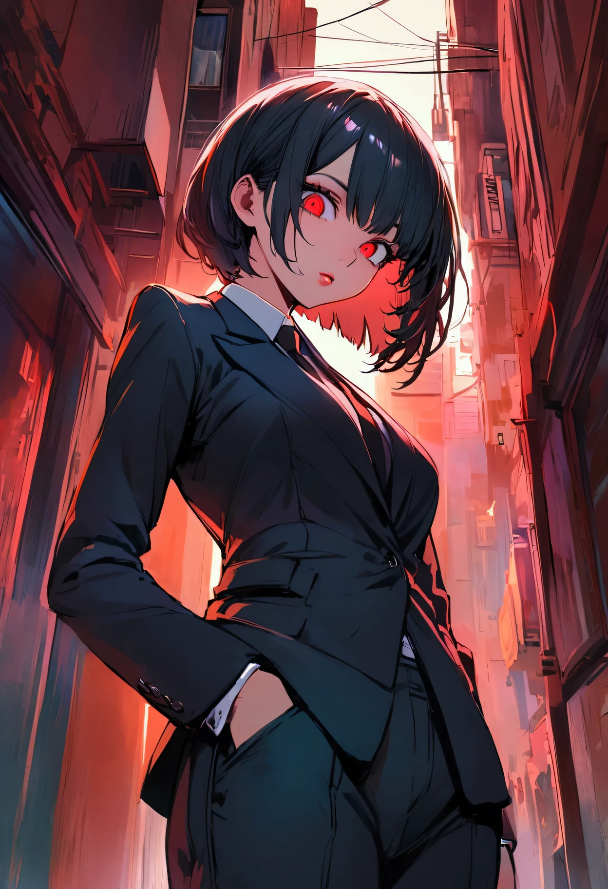 a woman in a suit, looking down at viewer with sharp eyes, she is smoking a cigarette, hands are in the trouser pocket, beautiful, red eye, black hair, wolf hair cut, low angle view