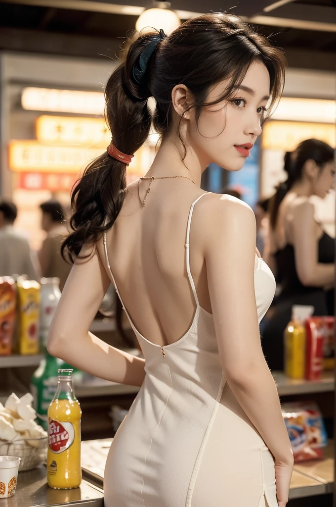 (((best quality))),(((ultra detailed))),(((masterpiece))),illustration,((1 beautiful girl,female cashier,solo)),(short ponytail:1.2),((slim,thin)),((bare back,towering hips,butt crack)),(slip dress:1.3),(standing:1.3),dimly lit,soft glow,shelves,snacks,drinks,necessities,air conditioning,breeze,elegance,grace,vibrant red lipstick,crisp,delicate necklace,sparkling pendant,calmly,warm smile,inviting,poise,unaffected,hustle and bustle,city life,convenience store,haven,weary souls,relentless heat,resilient spirit,(indoor:1.2),(night scene:1.3),((from back,upper body)),(surrounded by crowded crowds:1.3)