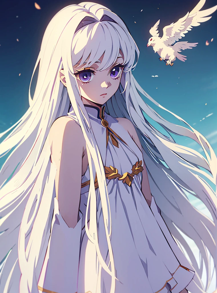 Long white hair parted in the middle with an angelic and beautiful skin, she has almond shaped colored eyes.
Character with ultra detail