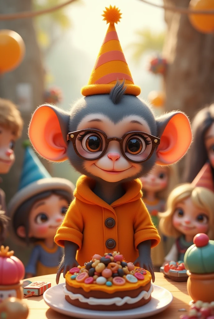 cute monkey , with glasses, no hair, wearing orange clothes, brown belt, celebrating your birthday, with birthday cake and friends beside him