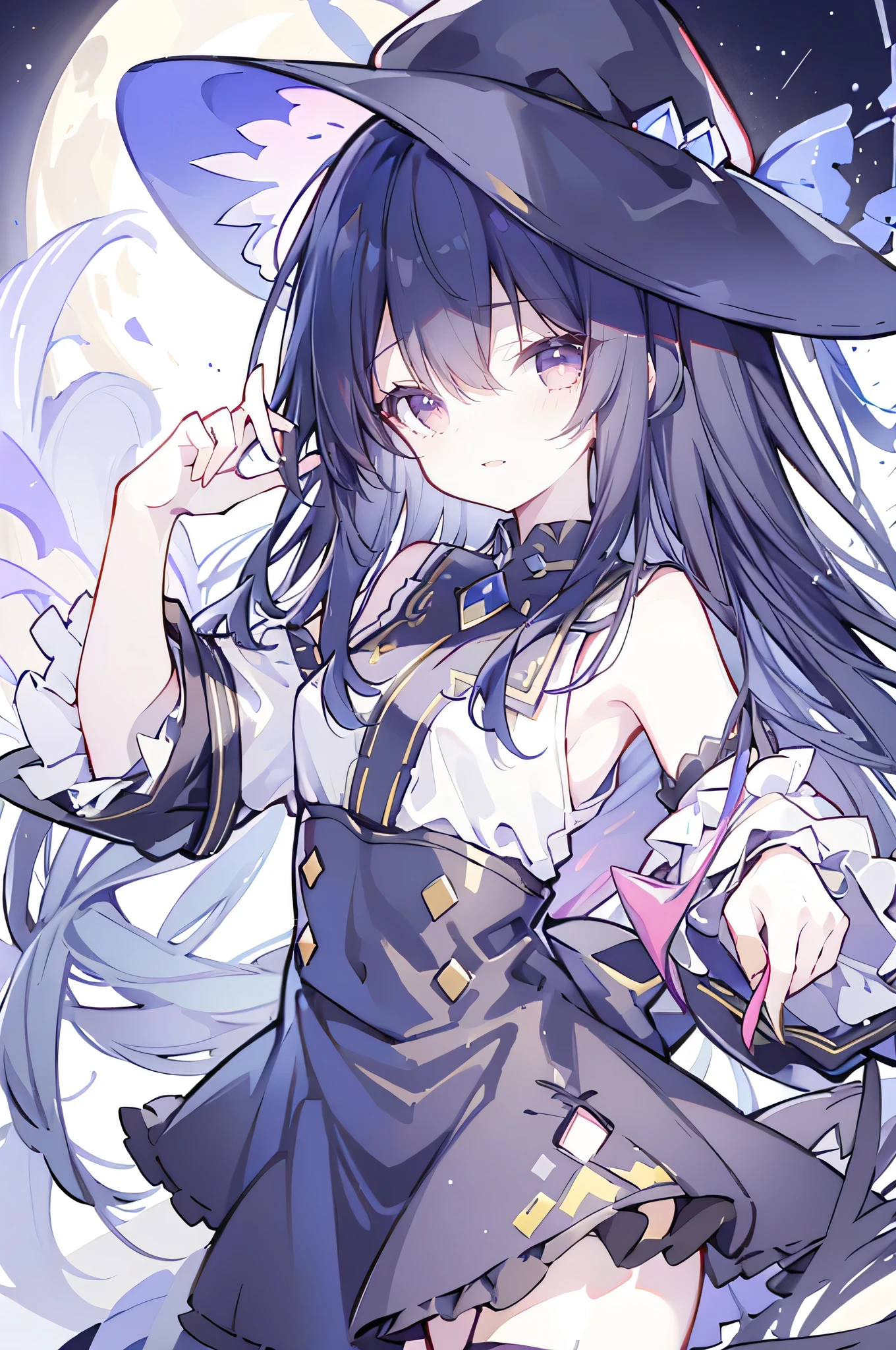 oung Girls,Humanity,A magician always smiles,big witch hat,cute,dark blue long hair,The eyes are dull,The bangs are heavy,Thin eyebrows,fantasy,intake,Double teeth,Star Theme,Constellation pattern,Solid color clothetal decoration,cloak,A bit of a dark atmosphere,A little crazy smile,When the big moon shines outside at night,blood,Hair black star embellishment,Short tie,No nails,High waist skirt,Bell sleeves,Long-sleeved shirt,Black tie,low risk,gentlemen。Mist、Yellow and white effect,Shocking pink as an accent color