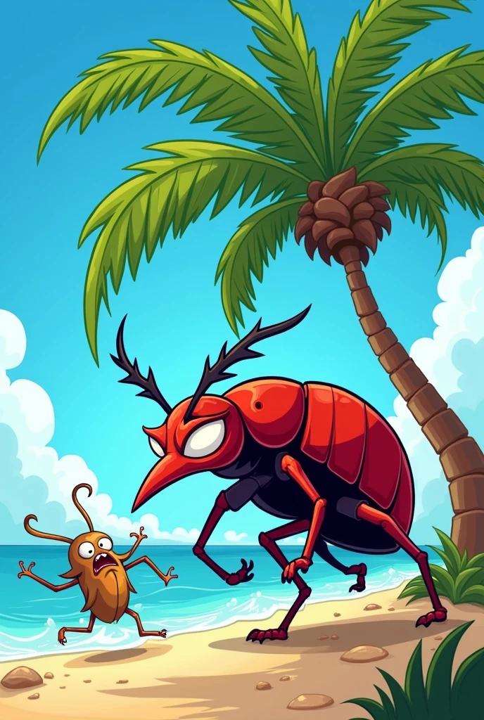 A wicked Rhynchophorus ferrugineus chasing a scared palm tree against a blue sky, everything as if it were a cartoon