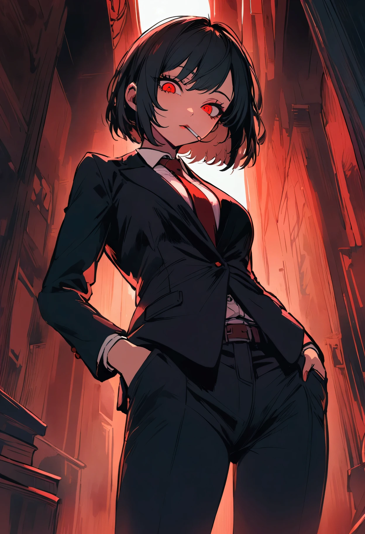 a woman in a suit, looking down at viewer with sharp eyes, she is smoking a cigarette, hands are in the trouser pocket, beautiful, red eye, black hair, wolf hair cut, low angle view