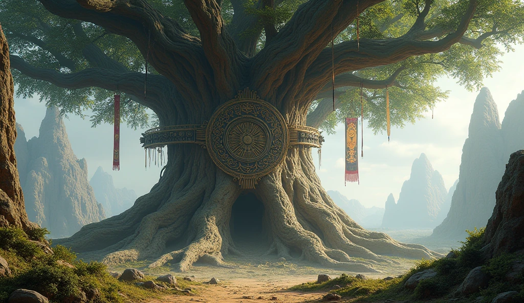 "A giant tree with roots spreading across a new planet, its branches adorned with symbols of various cultures and traditions"