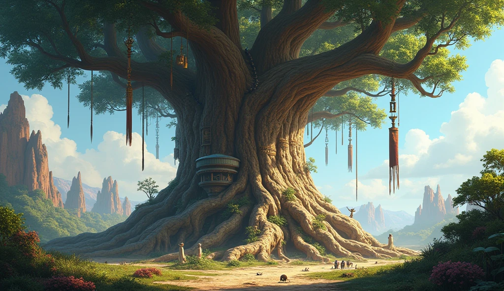 "A giant tree with roots spreading across a new planet, its branches adorned with symbols of various cultures and traditions"