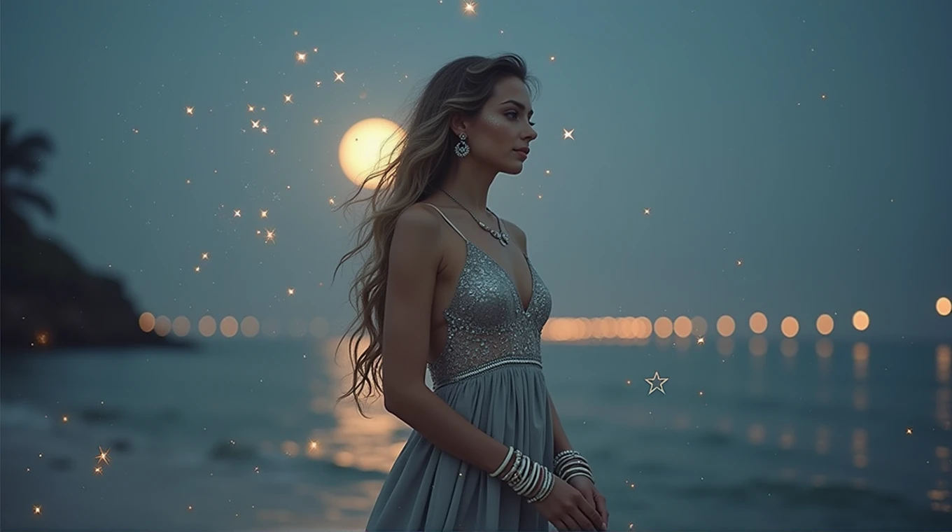 A hyperrealistic image of a woman embodying the zodiac sign of Cancer. Her hair is long and wavy, with makeup that evokes the mystique of the sea: silvery shadows on her eyelids that mimic the moon's reflection on the water and small star-shaped crystals on her cheeks that reflect the light. She wears a flowing silver dress, with details resembling shells and corals, embracing the marine theme. In his arms, She wears bracelets that look like they are made of pearls and fishing nets, and her nails have an artistic design that mimics crab claws. The scene is set under a bright full moon, with intense reflections on the calm sea. Faint brushstrokes of light can be seen surrounding the moon, connecting sky and water, while small floating lights and ethereal flashes dance around her, creating a magical and celestial atmosphere. The setting,, although realistic, is imbued with an aura of fantasy, with lighting effects that highlight the mystical and emotional elements of Cancer, as if the image were captured by a professional photographer in a dreamlike world., with bright magical lights, Warm and soft lighting, vibrant colors, ethereal and atmospheric, Very detailed, 8k, photorealistic, masterpiece
