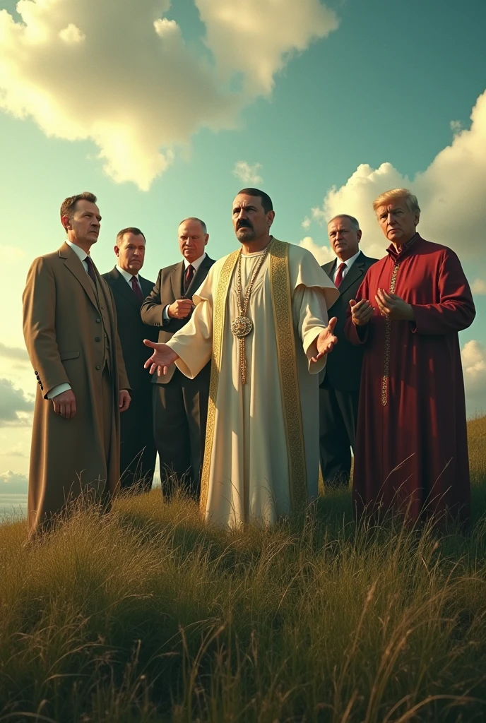 Orbán Viktor, Vlagyimir Vlagyimirovics Putyin, Donald Trump, Adolf Hitler, Kim Jong Un, Adolf Hitler was Jesus, Orbán Viktor, Vlagyimir Vlagyimirovics  Putyin, Dnald Trump and Kim Jong Un are the prophets, Adolf Hitler in the middle of the picture, let the sun shine on the left side, uhd, 4k, Sharp contour, Hillside with grass, Clothing from the time of Jesus,