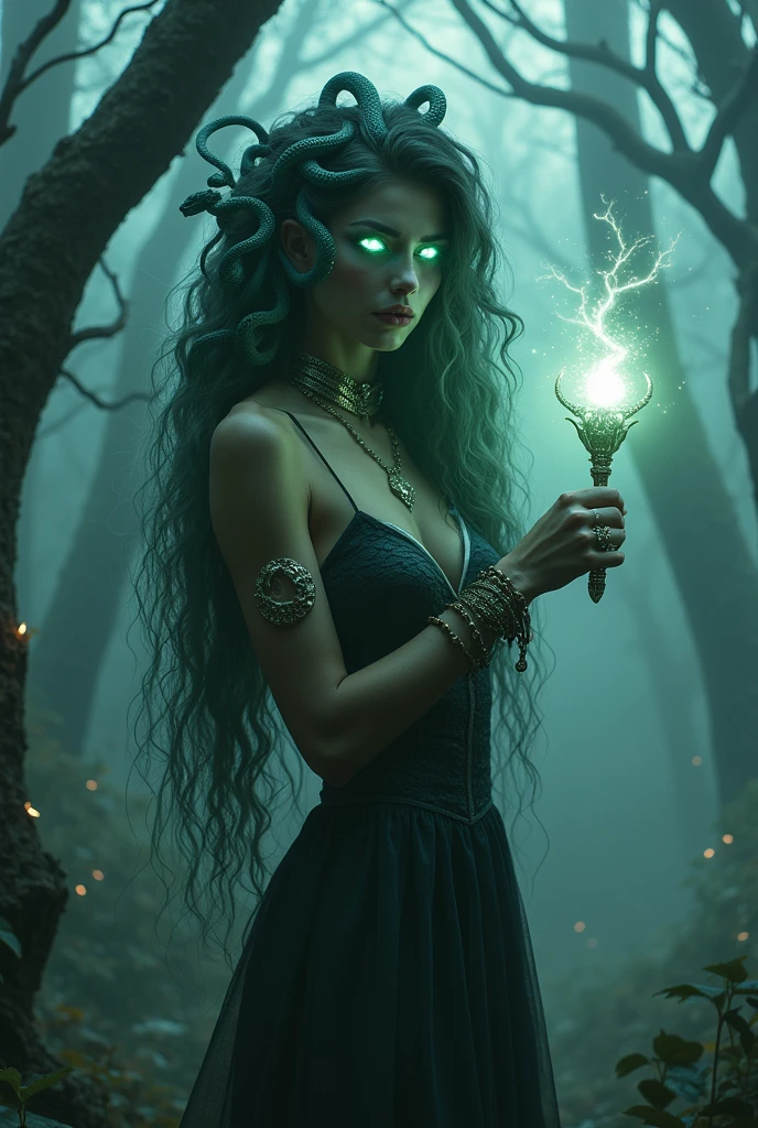 A hauntingly beautiful Medusa stands in a close-up amidst a dense, eerie fog in a mystical forest. Her long, flowing hair is composed of serpents, adorned with small, glowing gemstones. Her eyes are the focal point, glowing with an intense, magical light that pierces through the surrounding mist. She wears a skinny Snake scale patterned dress, and her face is partially obscured by the fog, adding to her enigmatic aura. She holds a glowing snake themed wand, which emits a soft, radiant light, illuminating the fog around her. Her glowing jewelry, including a radiant pendant, luminous bracelets, and shimmering rings, further enhances the magical atmosphere. The forest background is filled with twisted trees and faintly glowing magical runes etched into their bark. Strange, luminescent plants and ethereal, glowing creatures can be seen faintly through the thick fog. The overall mood is mysterious and slightly ominous, with muted colors and soft, magical lighting enhancing the sense of fantasy, enigma, and intrigue