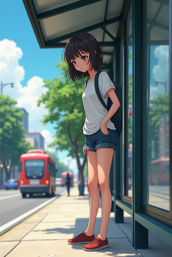 Girl has a Pee desperation on Bus Stop