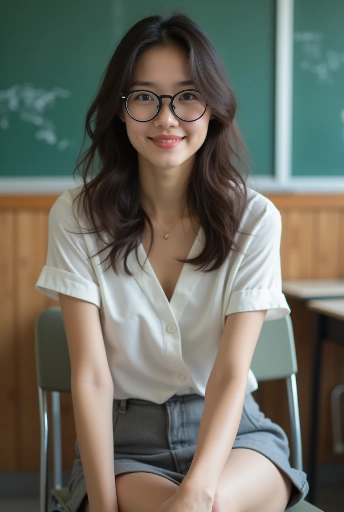 8K, masterpiece, ultra HD, intricate detailed, RAW photo, highly detailed, RAW photo, best quality, A beautiful Taiwanese girl, 22 years old, pale skin, real skin, slightly smile, open white shortsleeved shirt, arms up, small breast, ((grey mini skirt:1.3)), black round glasses, ((Sitting front view:1.5)), ((spreading legs:1.4)), (sitting on classroom's chair:1.5), front view:1.5, Blured background, depth of field, (lift skirt by myself, show my white panties:1.1), half body shots, closer photo taken, barefeet, Slim body, slender legs, slim muscular body, small breast, wavy hair, ash-brown hair color, ((front view, from below:1.5)),white panties,soft front lighting,1 girl ,solo,beauty,1girl, nipples