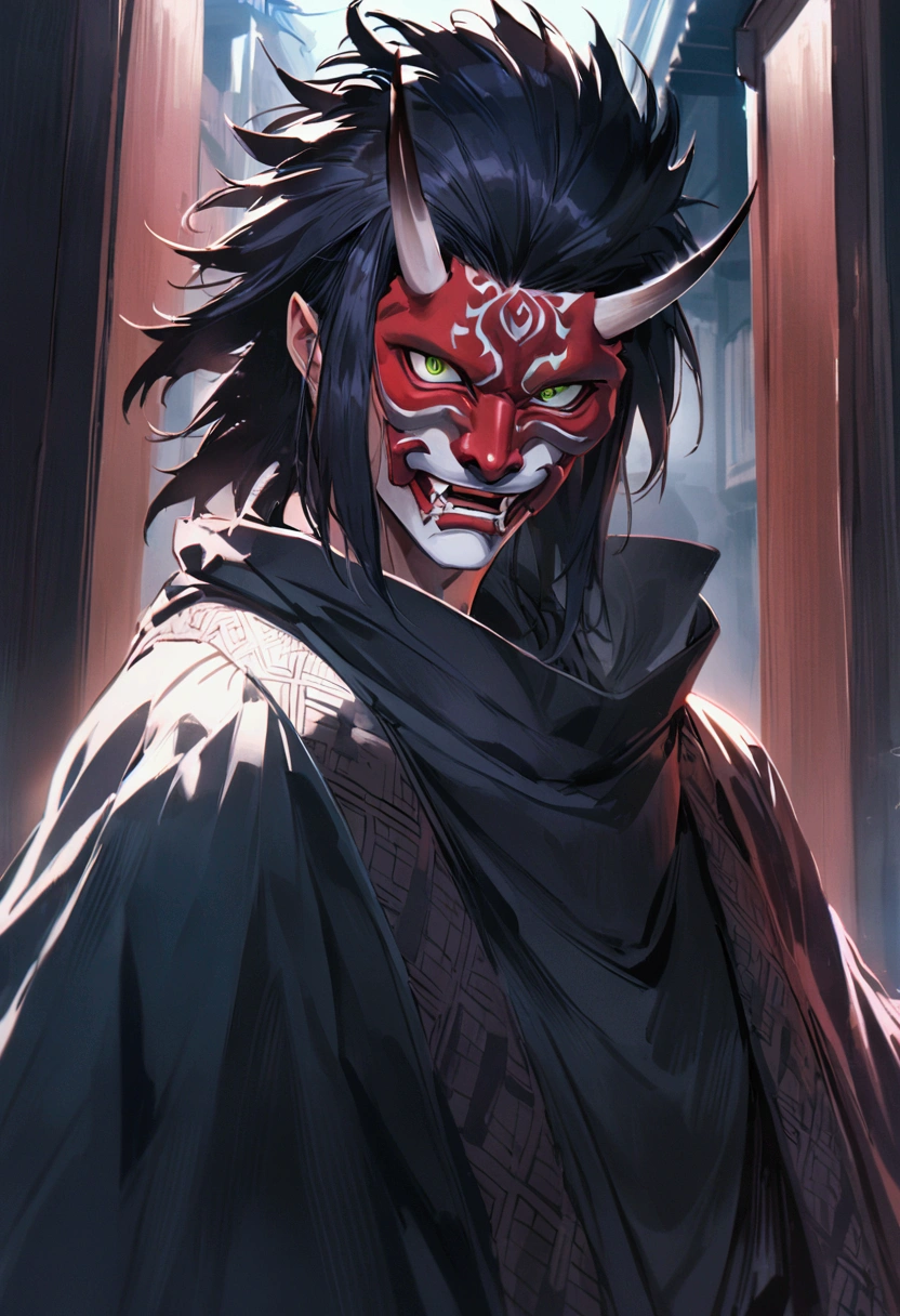 male ronin, looks toward the viewer, sharp eyes, black hair, blaue haarspitzen, grün eyes, (he is wearing an oni-mask), he is ready to attack, (he is wearing a poncho)