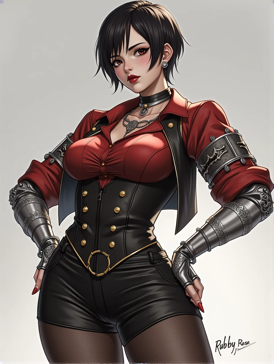 RWBY, Ruby Rose, alternate look, different art style, adult, high waist shorts, black stockings, red business shirt with intricate design, Gothic couture, metal gauntlets short hair, eye shadow, red lipstick, modern art style