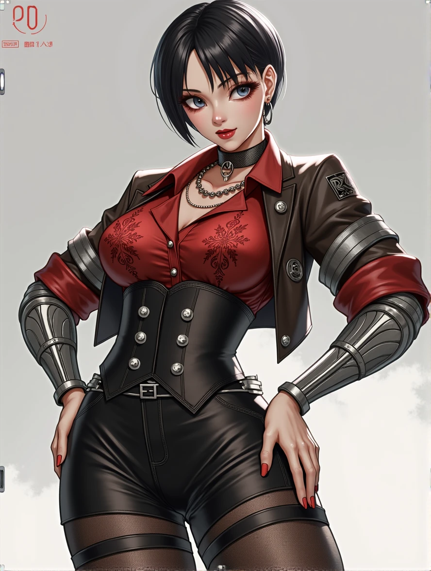 RWBY, Ruby Rose, alternate look, different art style, adult, high waist shorts, black stockings, red business shirt with intricate design, Gothic couture, metal gauntlets short hair, eye shadow, red lipstick, modern art style