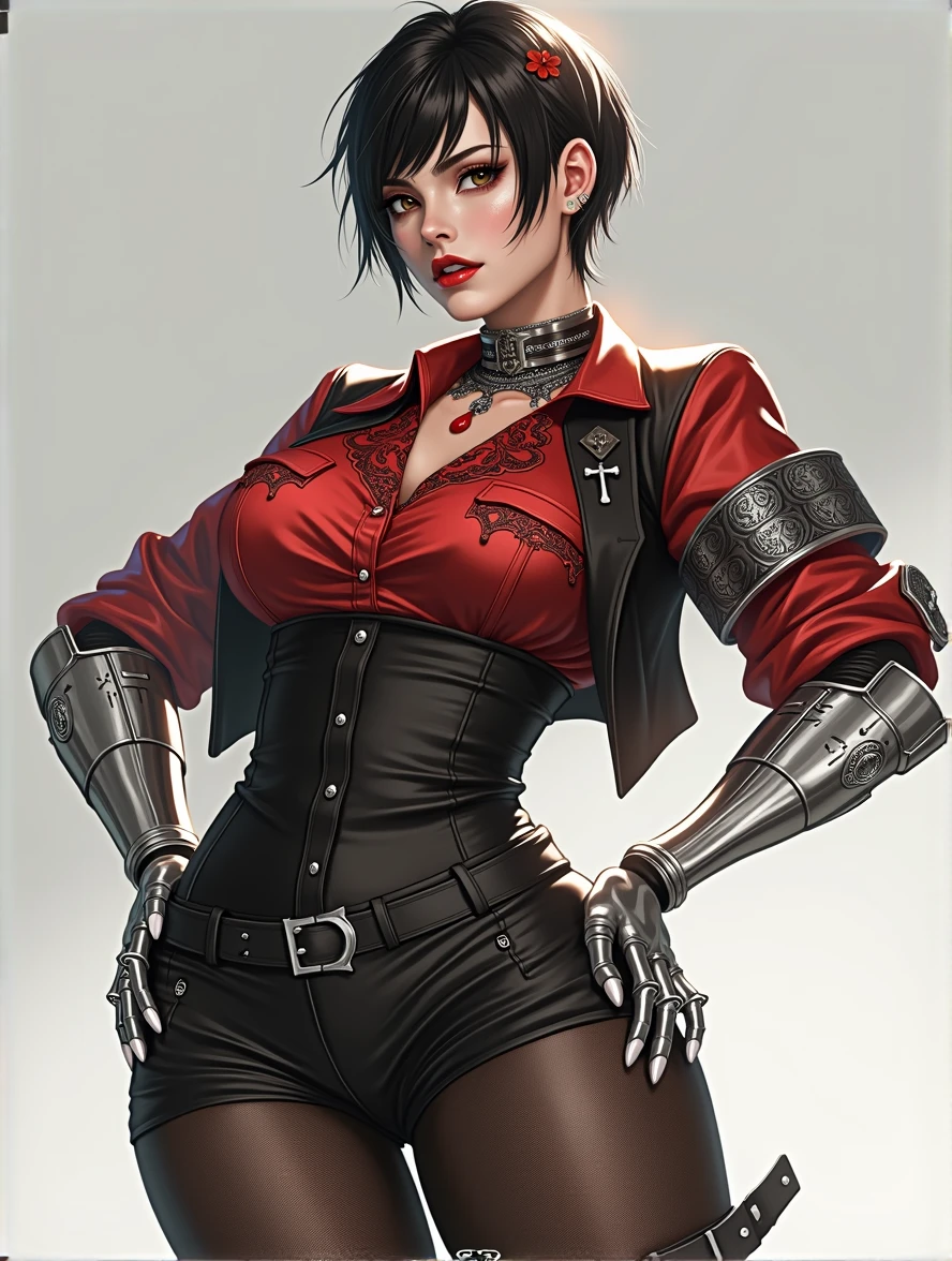 RWBY, Ruby Rose, alternate look, different art style, adult, high waist shorts, black stockings, red business shirt with intricate design, Gothic couture, metal gauntlets short hair, eye shadow, red lipstick, modern art style