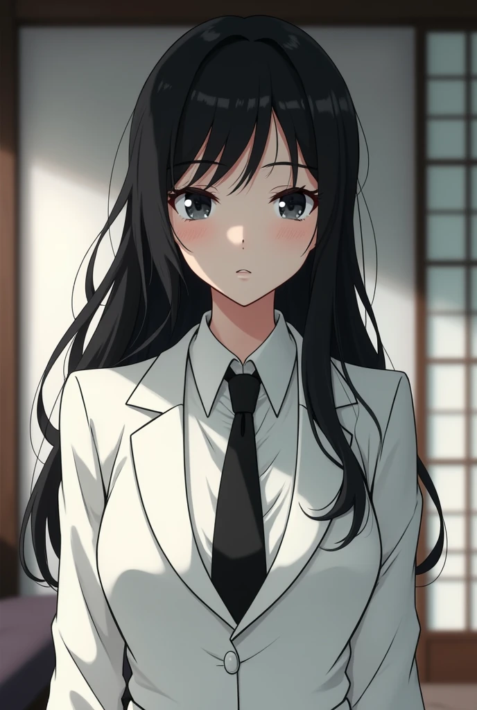 An old anime girl, serious expression with black hair, eyes black, skin fair, white suit and white blouse with a black tie and the background is her house.