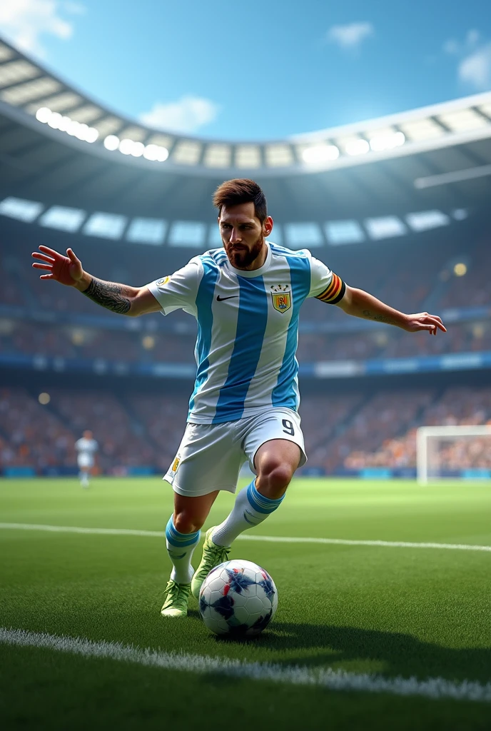 "Create an image of Lionel Messi, Football player, passing the ball strongly on a football field. Messi should be in the center of the image, with the ball on his left foot and his right arm extended forward. The background should be a football field with stands and a blue sky. style: realist, with details and textures."