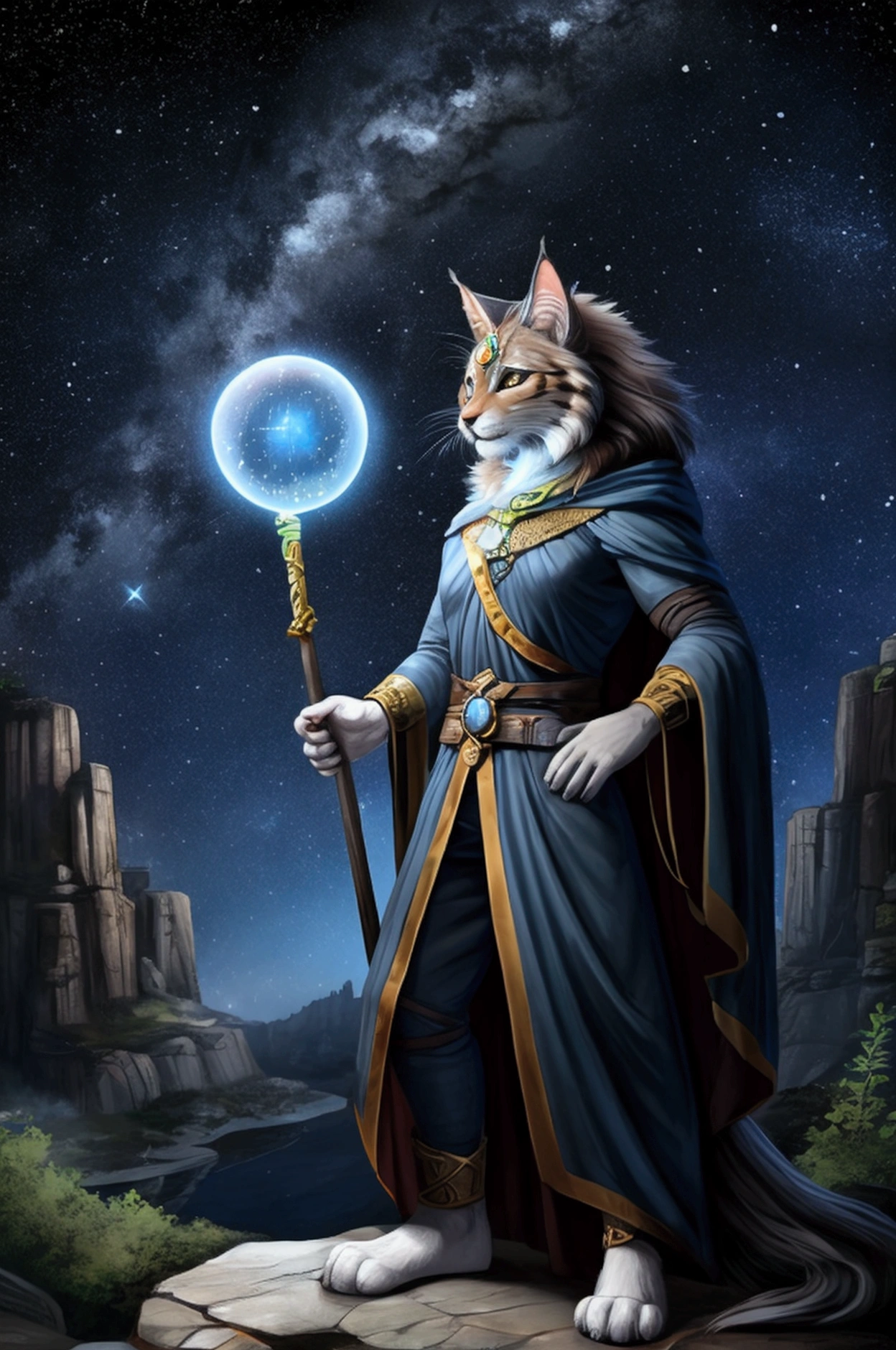 "Create an image of an anthropomorphic furry Maine Coon character that stands 5 feet and 5 inches tall. This character should embody a unique astrology theme while incorporating Dungeons and Dragons elements, blending fantasy and cosmic lore.

Fur Color: The character's fur should be a mesmerizing blend of blue, white, and gold, giving a mystical and ethereal appearance.
Pose: Strike a powerful pose, perhaps holding a glowing staff topped with a celestial orb that represents the cosmos.
Background: Set the scene in a magical forest under a starry night sky, with ancient trees and glowing runes etched into the bark. Include a glowing full moon illuminating the landscape.
Accessories:
Adorn the character with a celestial-themed cloak that shimmers like the night sky.
Include a belt with various pouches for spell components and magical items.
Add starry jewelry, such as a crown of stars or bracelets that resemble constellations.
Expression: The character should have a wise and friendly expression, suggesting a deep connection to arcane knowledge and the mysteries of the universe.
Companion: Optionally, include a small magical creature, like a glowing sprite or a familiar, that accompanies the character, enhancing the fantasy aspect.
Ensure that the image captures the majestic, playful nature of a Maine Coon while seamlessly blending it with the enchanting elements of astrology and Dungeons and Dragons."