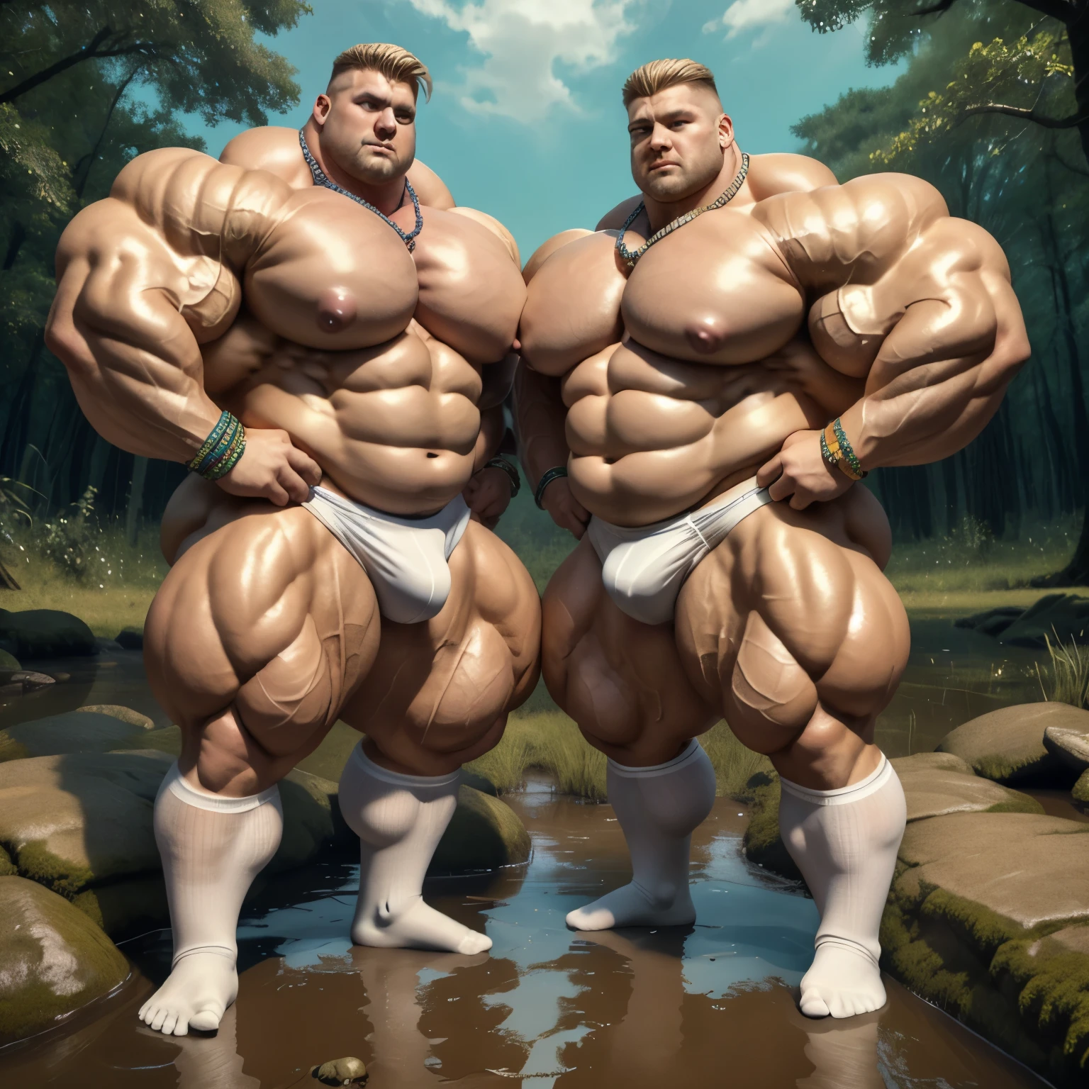 full view full body, 2 different blond European male bodybuilders with undercut cut, extremely bloated and swollen with muscle and fat like two big and fat obese pigs force-fed, their over-inflated muscles resembling buoys, there are a lot of gold rings, bracelets and necklaces, wear white lycra suits and white socks, no shoes, they roll and crawl in the mud, cannot getting up, looking desperate, in the evening, in a swamp, you can see their socks
