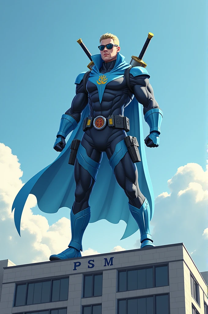 A superhero with sky blue outfit and black underwear on top and two swords on his back and two guns on his leg pockets and on his chest there symbol of cool and he is standing on the top of a college named PSM 