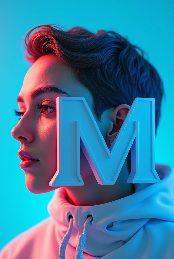 Take a profile picture of me with the letter M in 3D and a blue background.