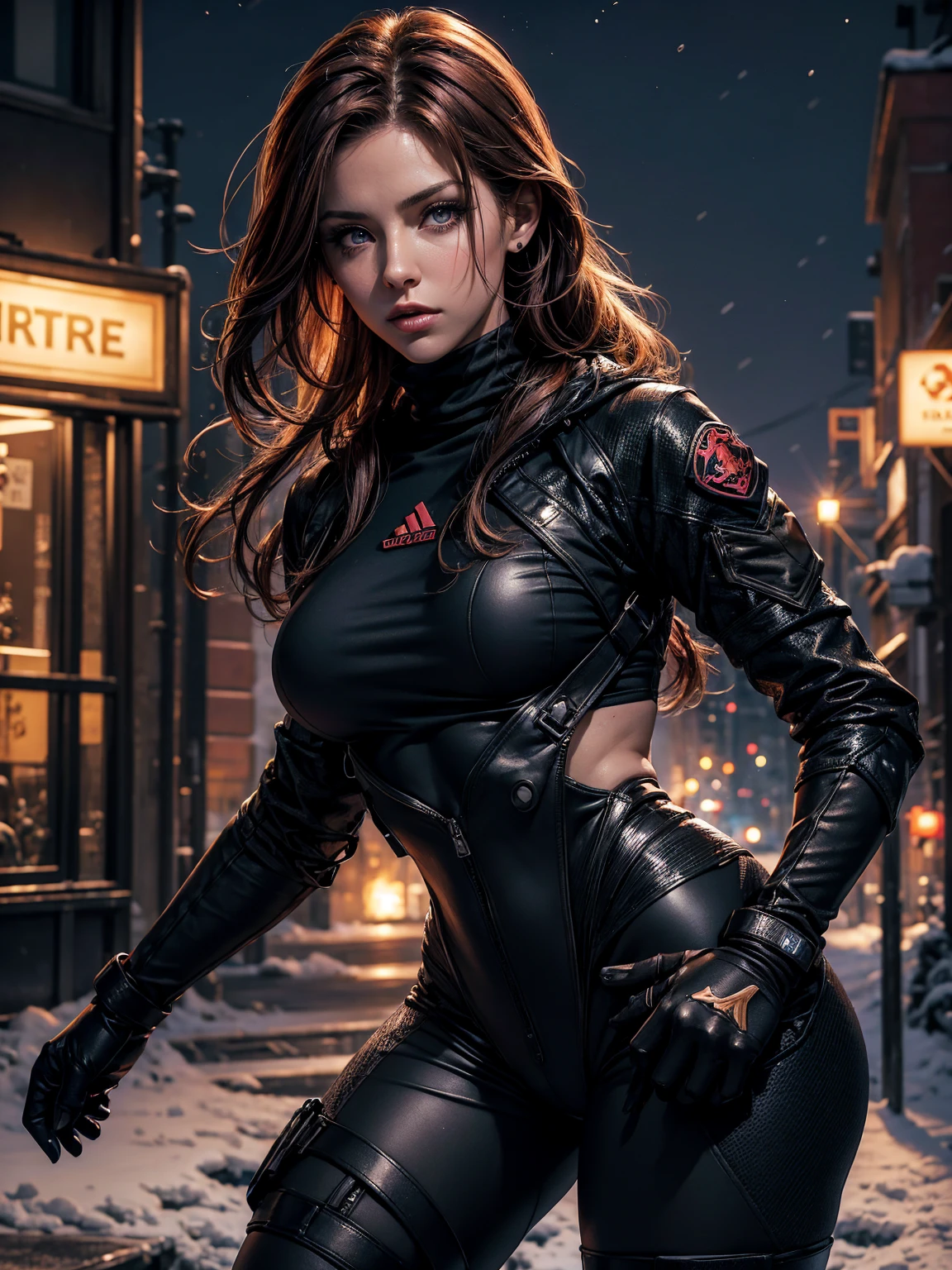 (Name: Reina Parker), Pretty 1.2, Fit body , Beautiful Eyes, 1944, Using Tight Turtle Neck with attachments on, Winter Night Apocalypse World, Dirty Outfit and body, 30 year-old, ((Half Body Detailed Character)), view : Half Body