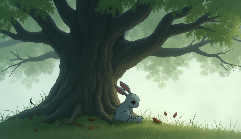 A sad little rabbit sits under a tree.