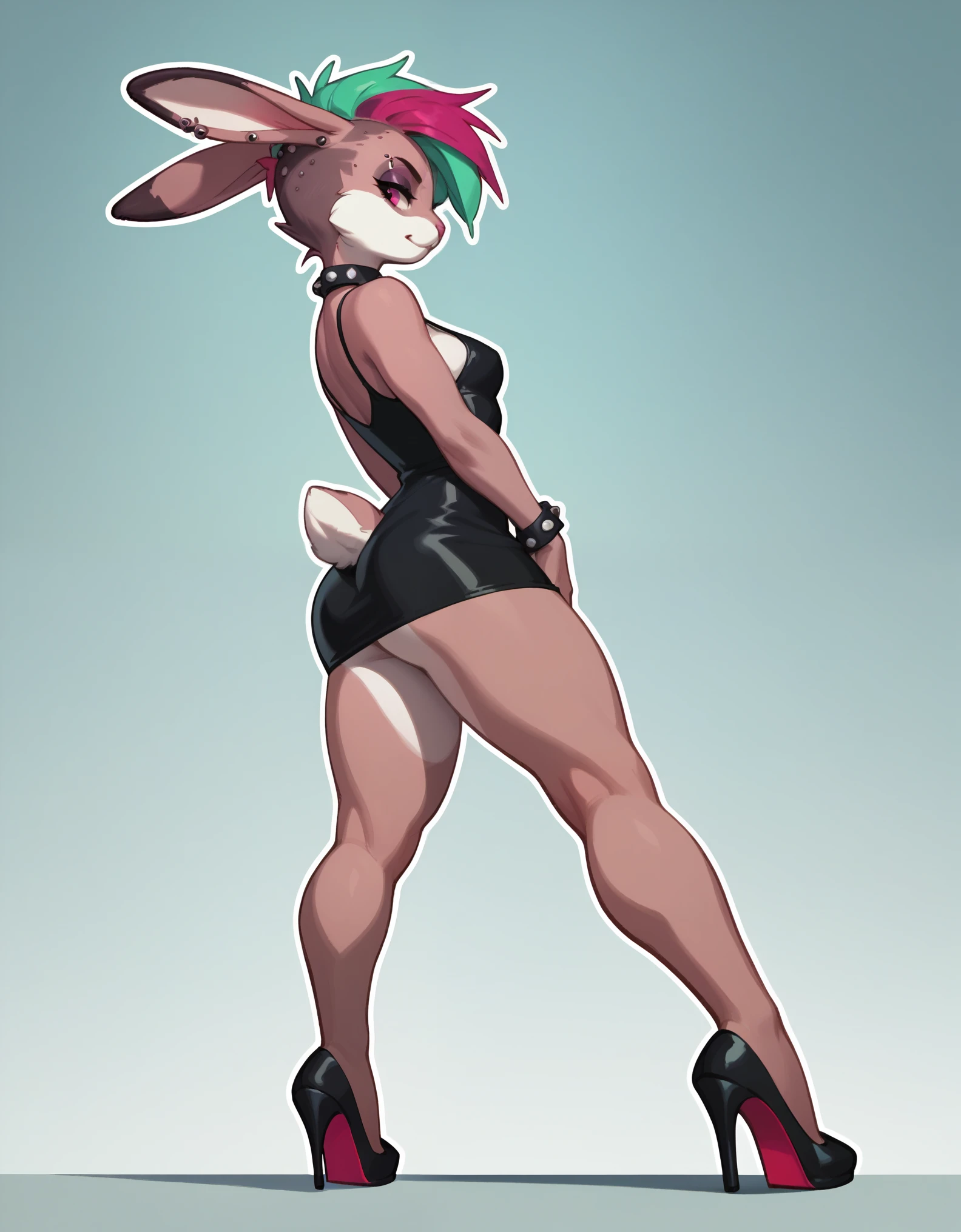 rabbit 1.0, furry bunny 2.0, Female, mini dress, high heels, side view, lecherous look, 1 Female, Near angle, short haircut,(punk 3.0)