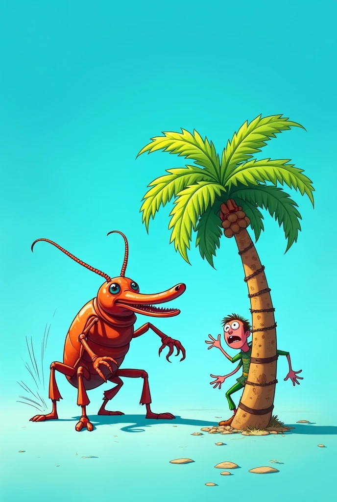 A wicked Rhynchophorus ferrugineus chasing a person disguised as a scared palm tree against a sky blue background, everything as if it were a cartoon