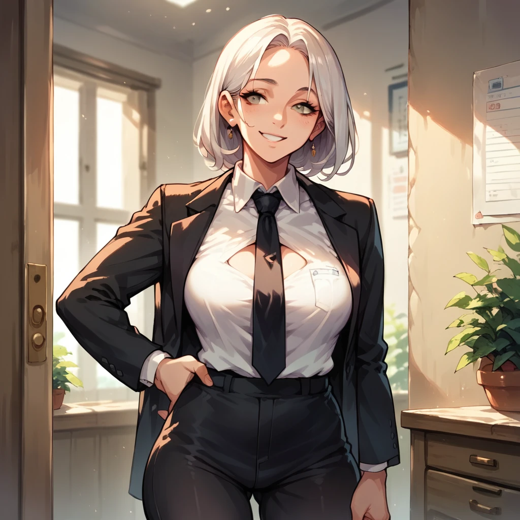 throw, white woman in a black suit and black tie, She is opening the door of an office with documents in her hands., She has a smile on her face 