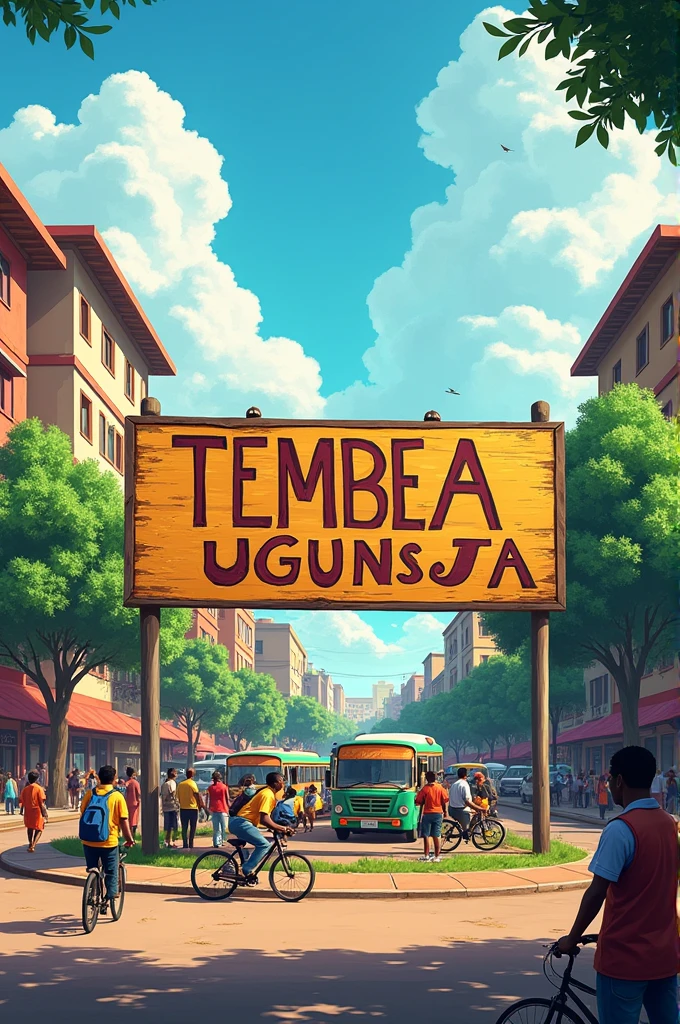 Roundabout in Kenya town with signboard 'TEMBEA UGUNJA' 